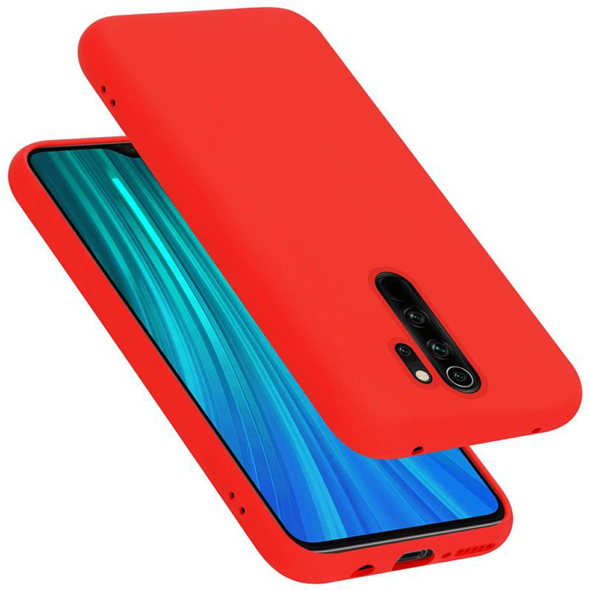Una custodia rossa per telefono e un telefono con schermo blu e bianco.