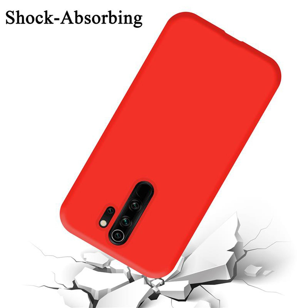 Custodia rossa per telefono con obiettivo della fotocamera. Le parole "Shock-Absorbing" appaiono sopra, con terreno crepato.