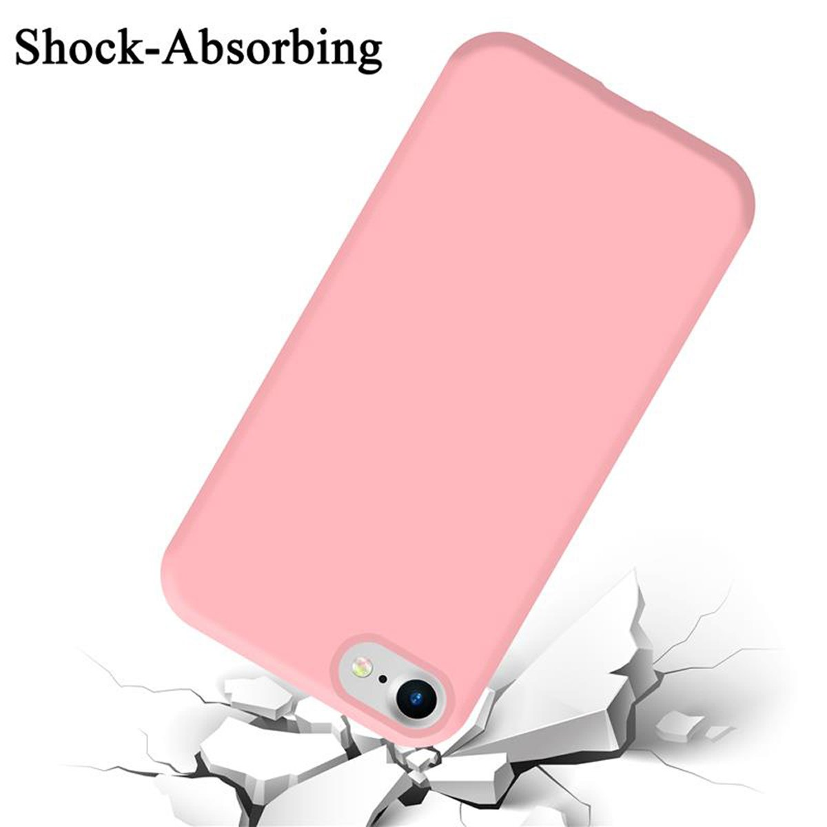 Eine pinke Handyhülle fällt auf zerbrochenen Beton, mit dem Wort 'Shock-Absorbing'.