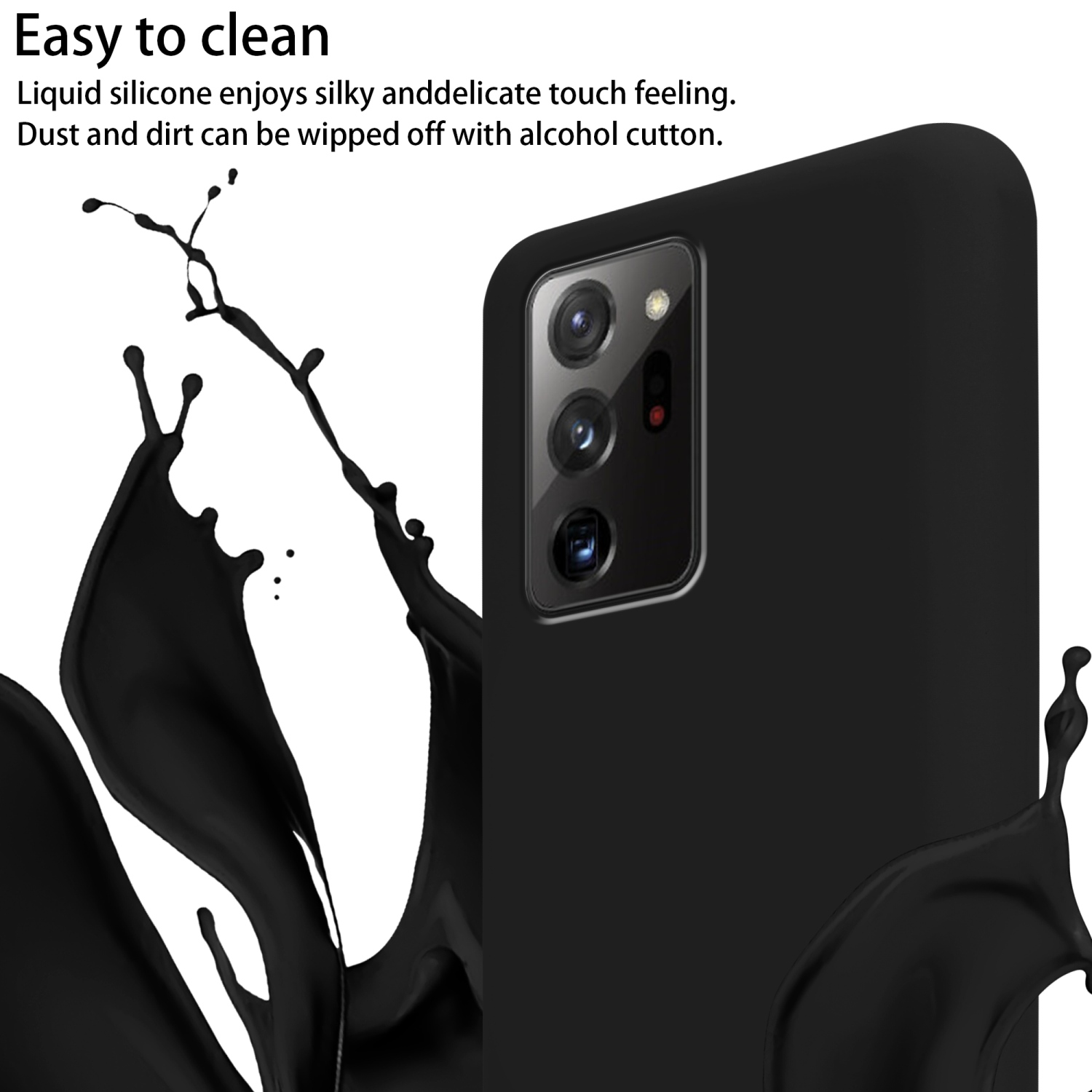Primo piano di una custodia per telefono nera con schizzi di liquido nero sul lato sinistro.