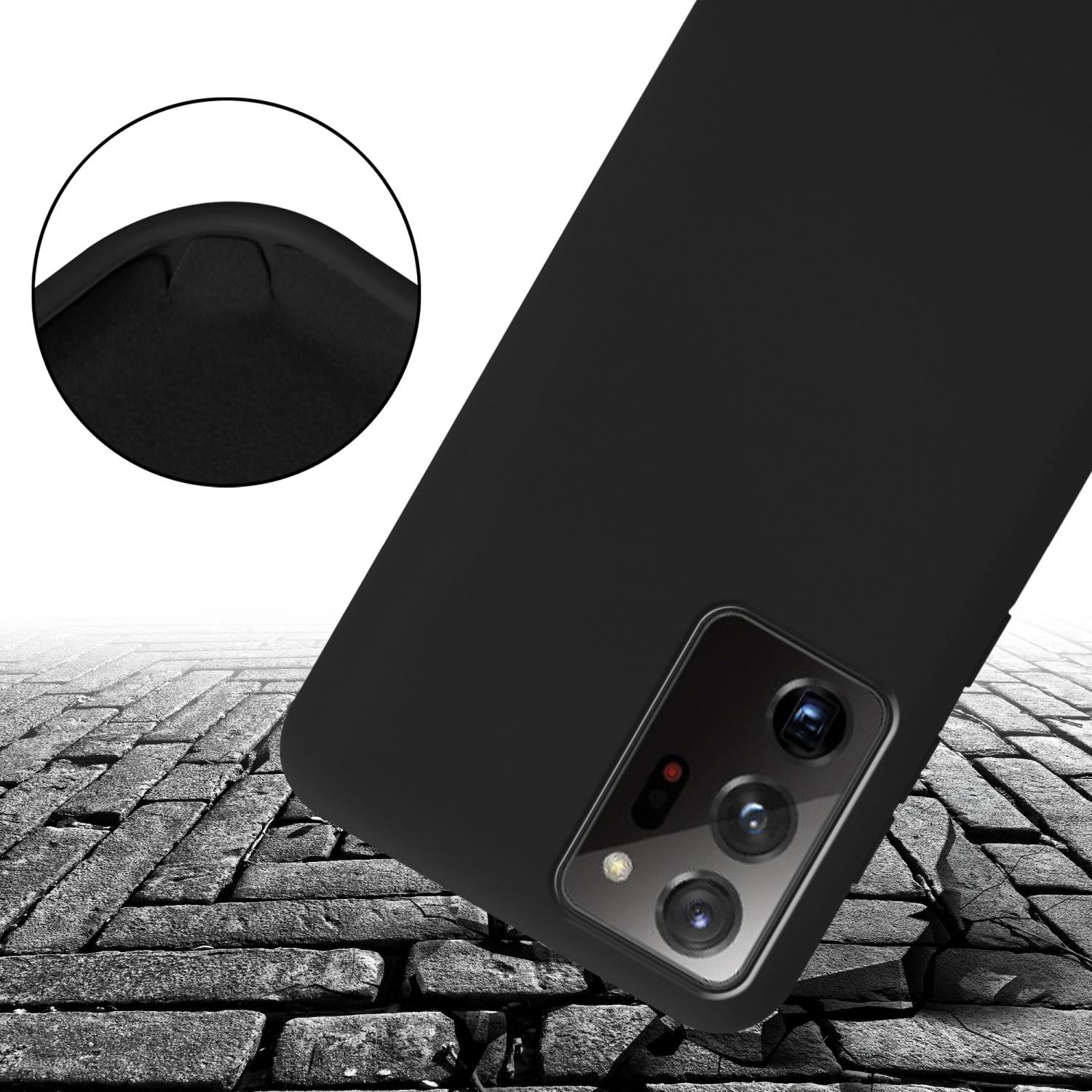 Custodia nera per telefono su una superficie di mattoni. La custodia copre la fotocamera ed è leggermente inclinata.