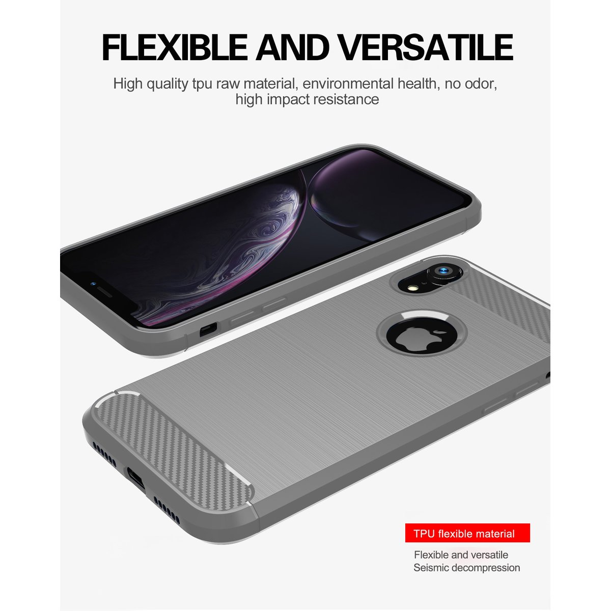 Due custodie grigie per telefoni con un telefono all'interno, con il testo: FLESSIBILE E VERSATILE. Sfondo bianco.