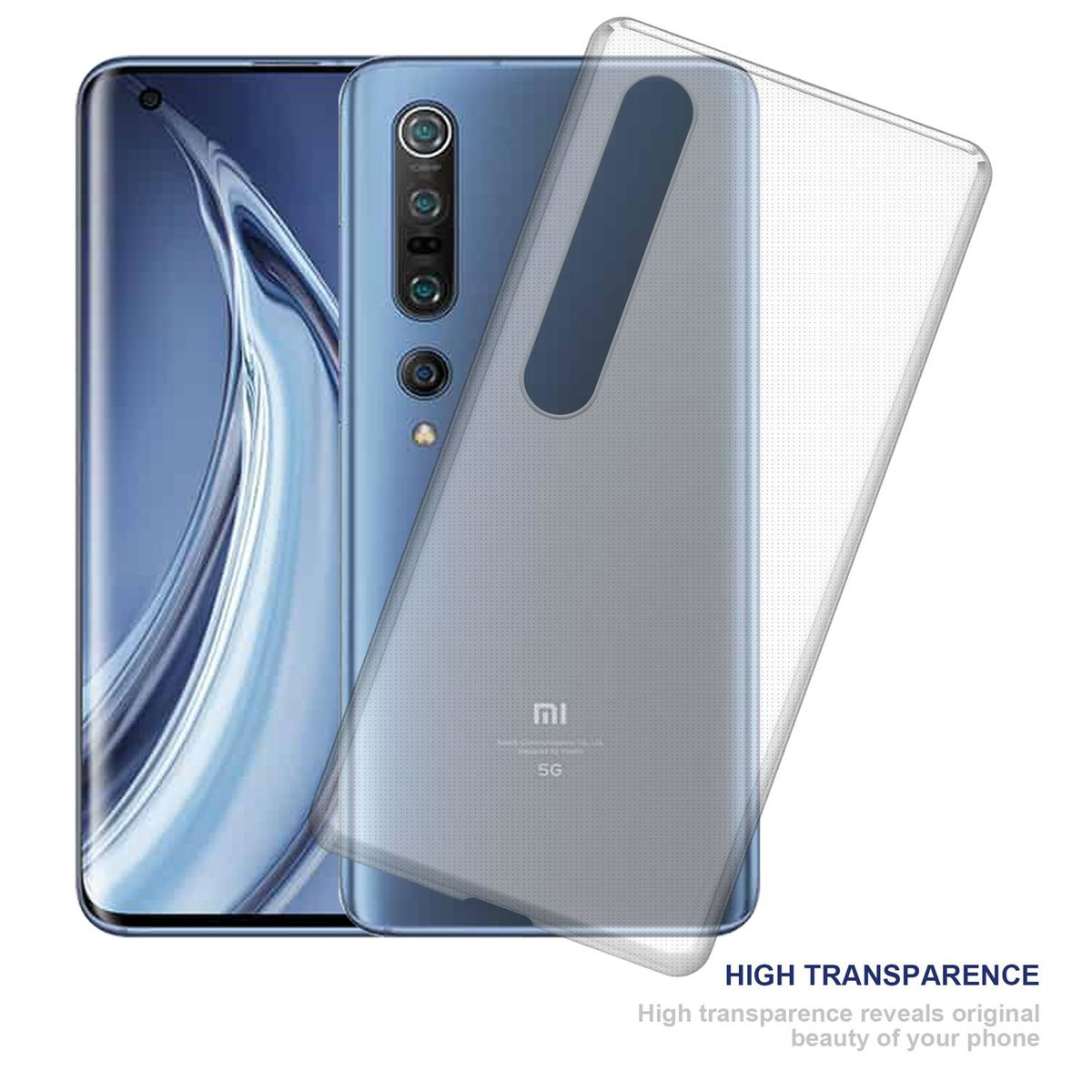 Un telefono con una custodia trasparente. Il telefono è blu, la custodia è trasparente. La custodia è parzialmente rimossa.