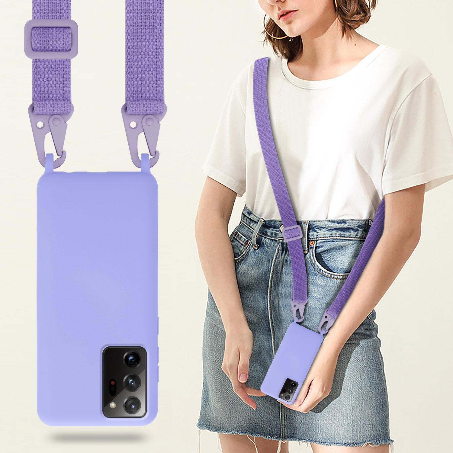 Donna con custodia e cinturino per telefono. La custodia è viola. Indossa una camicia bianca e una gonna di jeans. Sfondo beige.