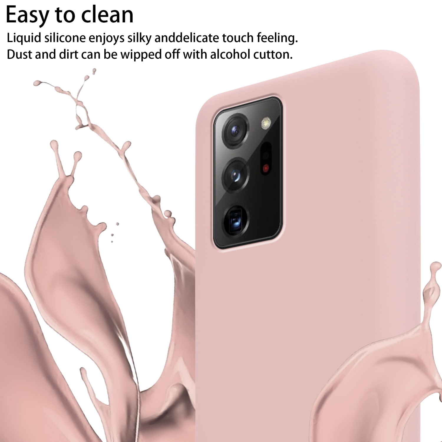Una custodia per telefono rosa con una fotocamera a tripla lente. Liquido rosa schizza sul lato sinistro.