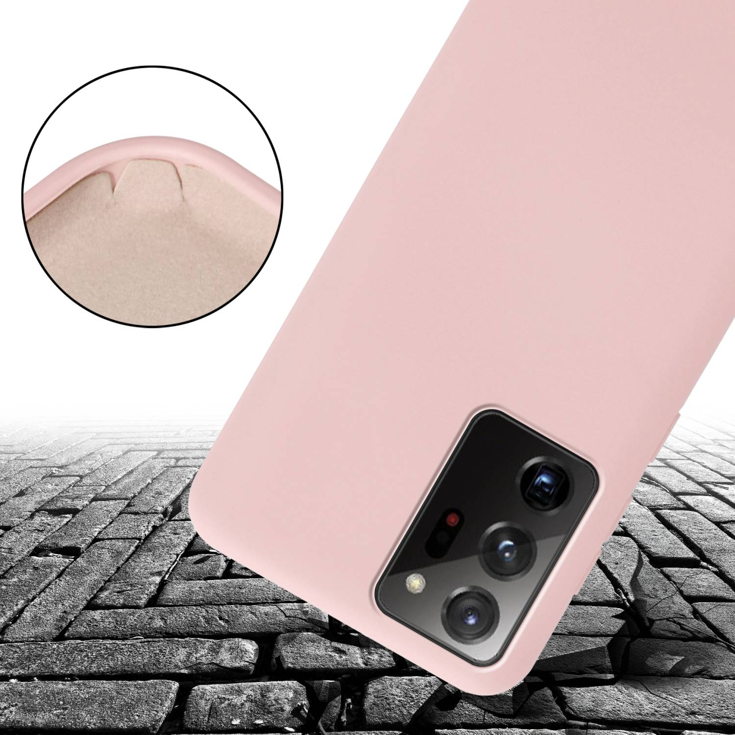 Una custodia rosa per telefono con un ritaglio per la fotocamera, posizionata su una superficie incrinata simile a mattoni, proteggendo il telefono.