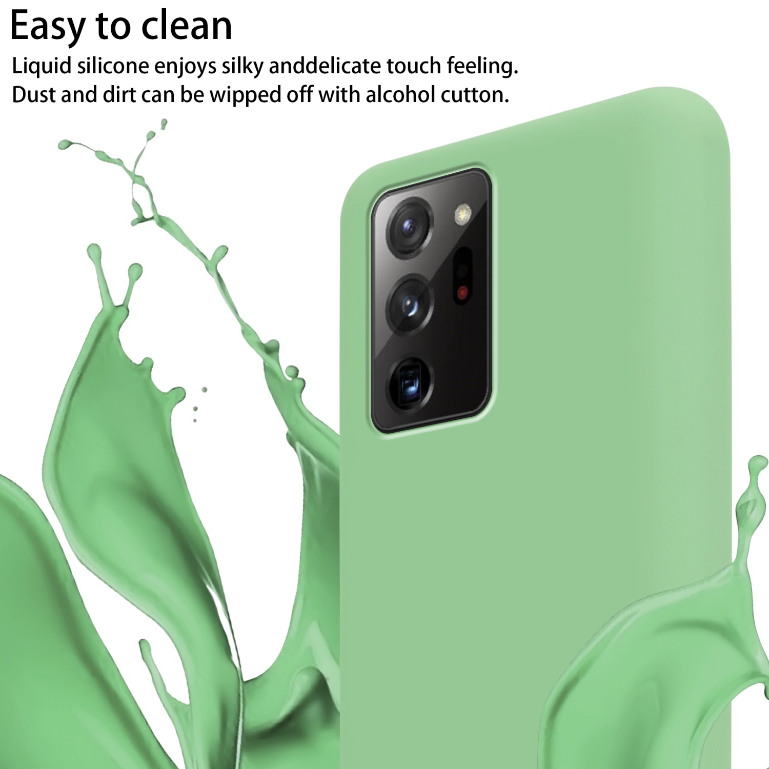 Una custodia verde per telefono con fotocamera e schizzi di liquido verde su sfondo bianco. La custodia è a destra.