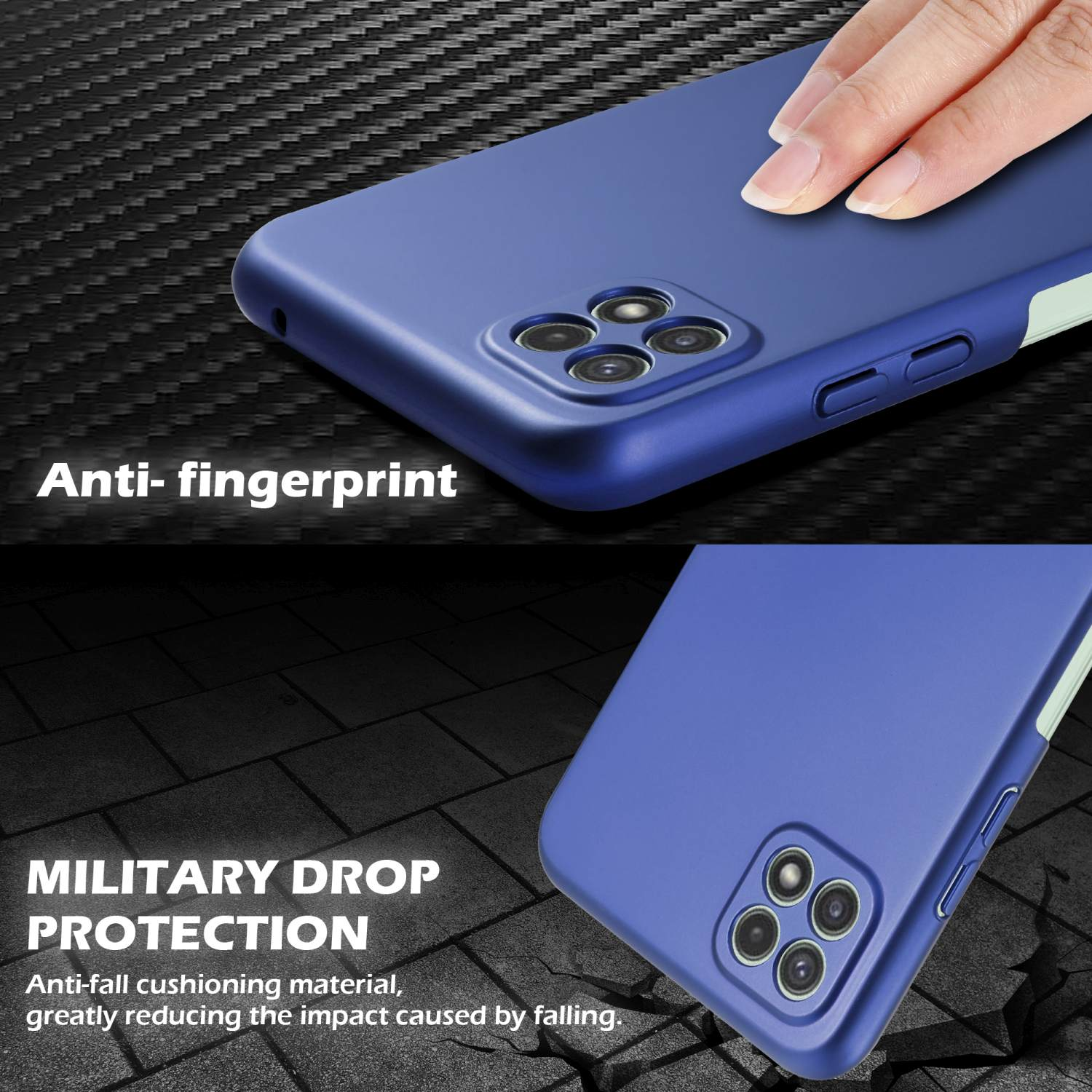 Blaue Handyhülle mit Anti-Fingerabdruck- und militärischen Fallschutzfunktionen.