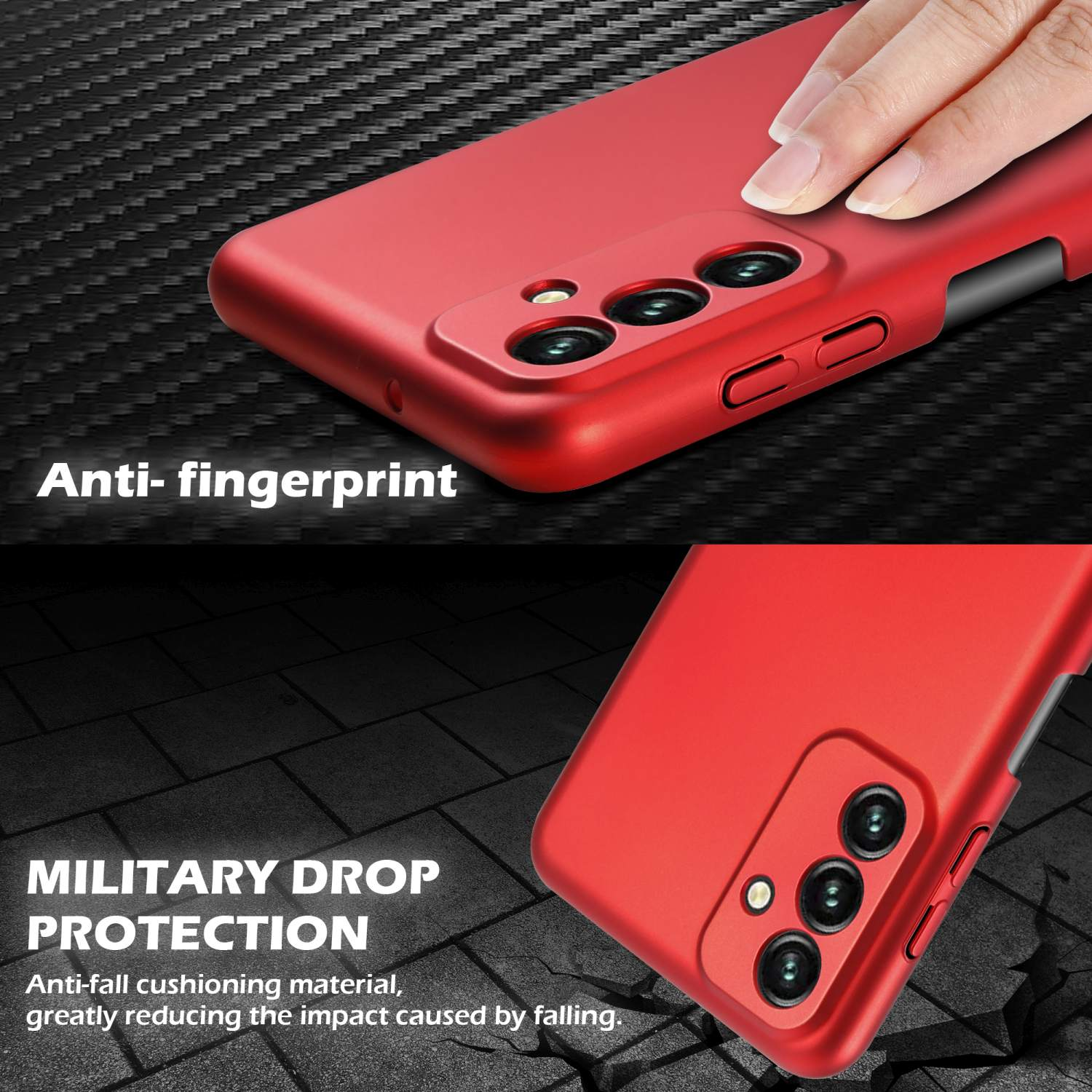 Rote Handyhülle, die die Rückseite eines Telefons zeigt. Die Hülle ist rot. Text: 'Anti-Fingerprint'. 'MILITARY DROP PROTECTION'.
