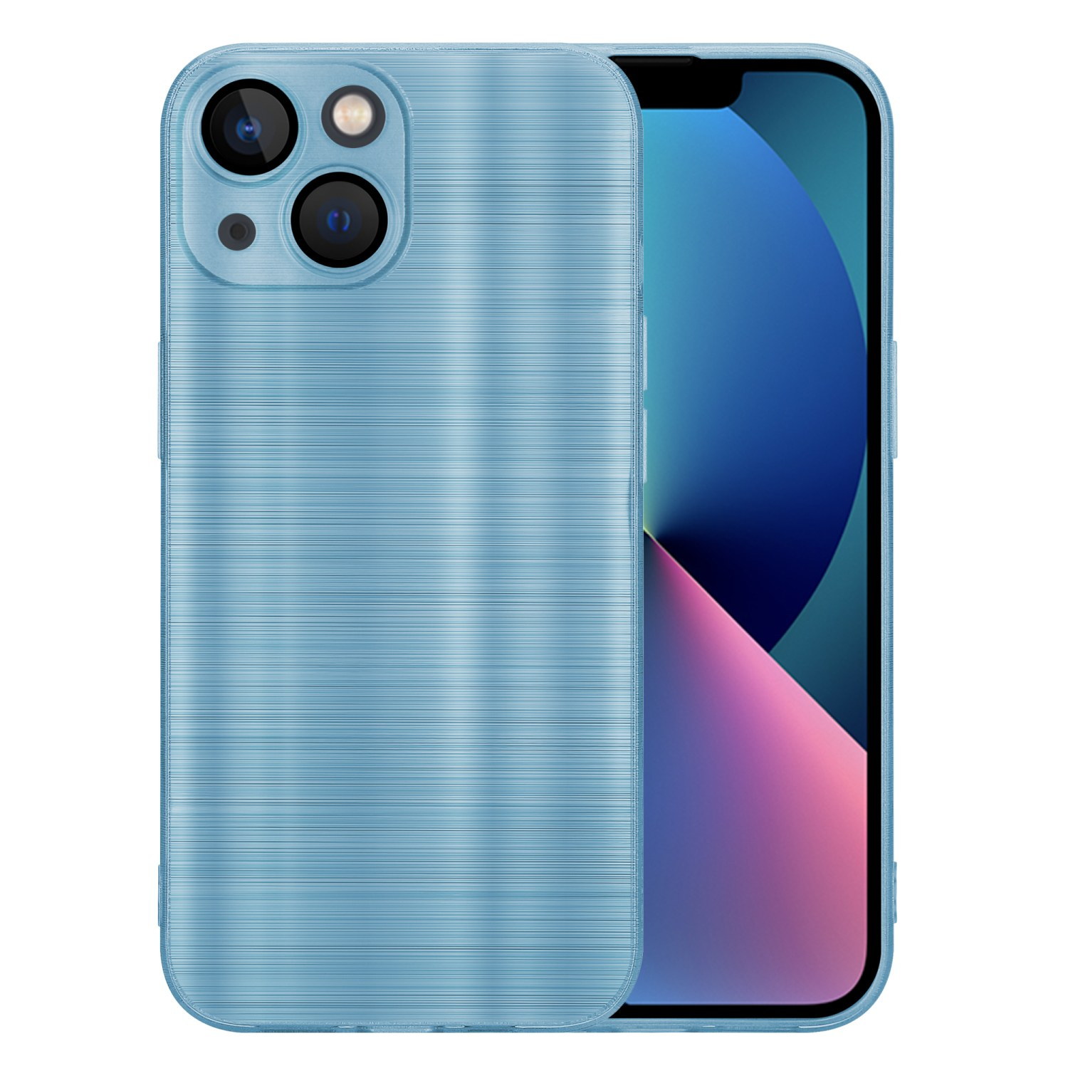 Blaue Handyhülle mit Kamera. Telefonbildschirm mit blauem und pinkfarbenem Farbverlauf.