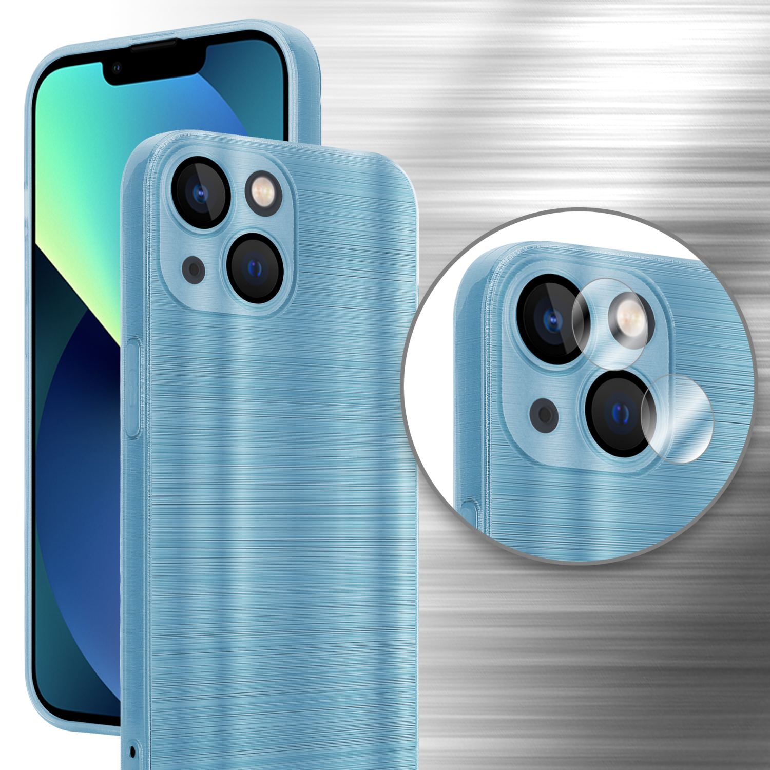 Blaue Handyhülle mit drei Kameras. Telefon befindet sich hinter der Hülle.