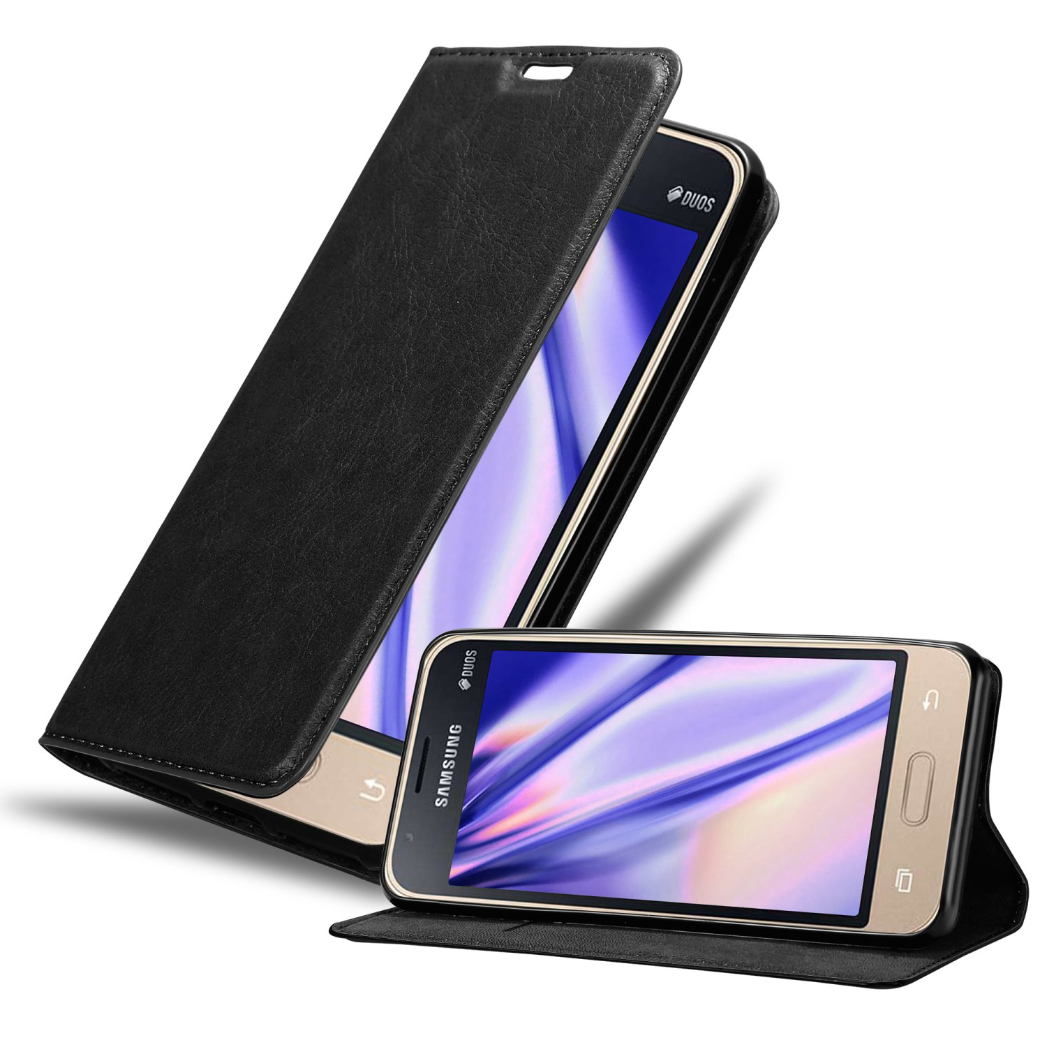 Schwarze Handyhülle mit geöffneter Abdeckung, die ein Telefon mit goldenem Rahmen zeigt.