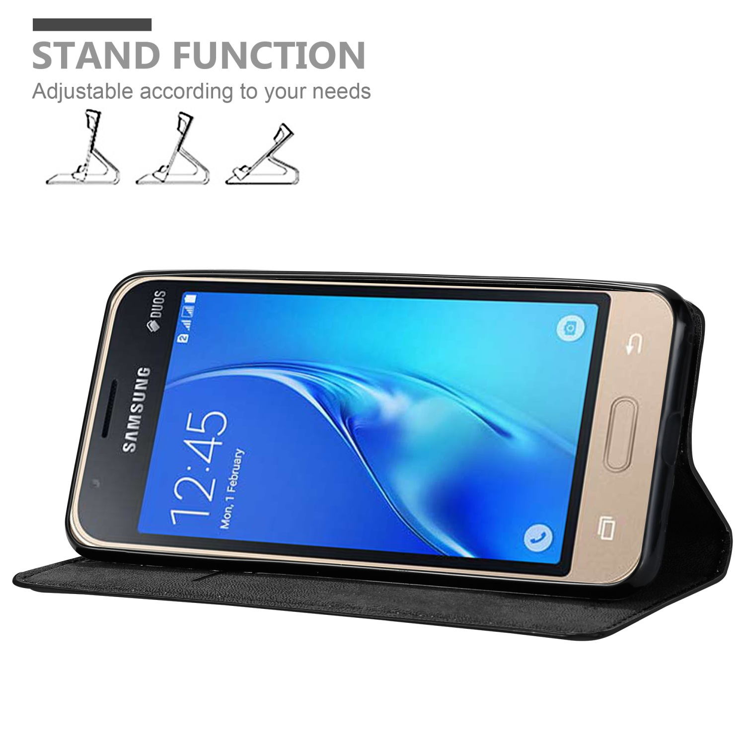 Samsung-Telefon in schwarzem Etui, geöffnet, um den Bildschirm zu zeigen. Ständerfunktion wird gezeigt.