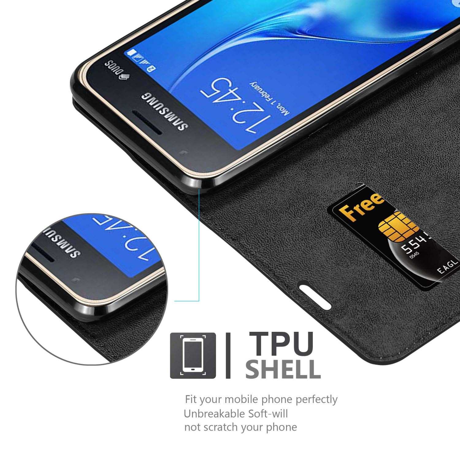 Ein Telefon befindet sich in einem Gehäuse, und eine SIM-Karte ist sichtbar. Text: TPU SHELL. Es passt perfekt.