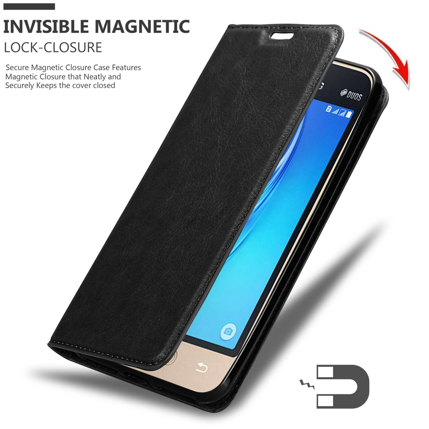 Schwarze Handyhülle, geöffnet, um ein Telefon zu zeigen. Text: Invisible Magnetic Lock-Closure.