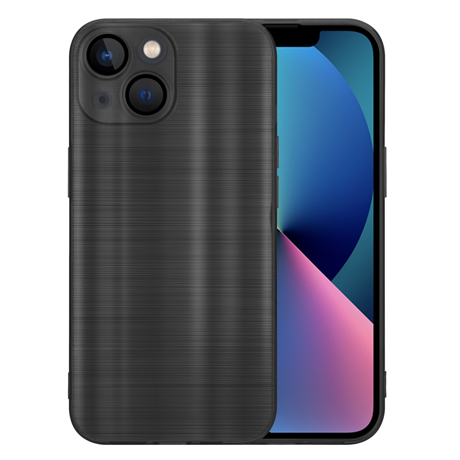 Schwarze Handyhülle auf einem iPhone mit drei Kameralinsen. Der Bildschirm ist sichtbar.