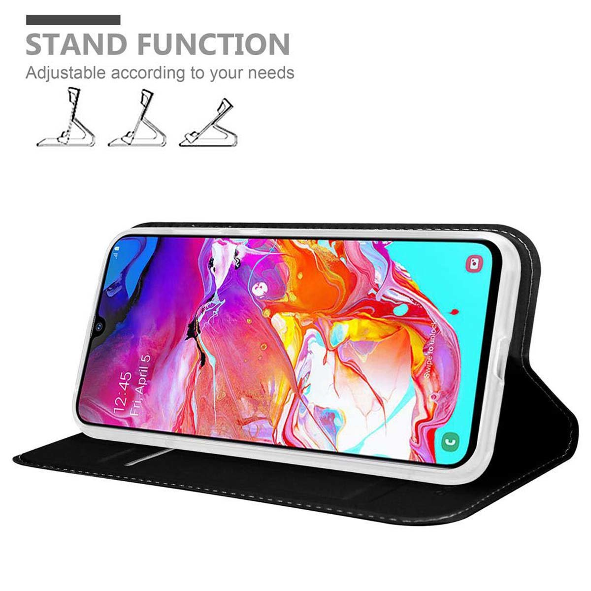Tablet in una custodia, aperto. Funzione stand con diverse posizioni regolabili.