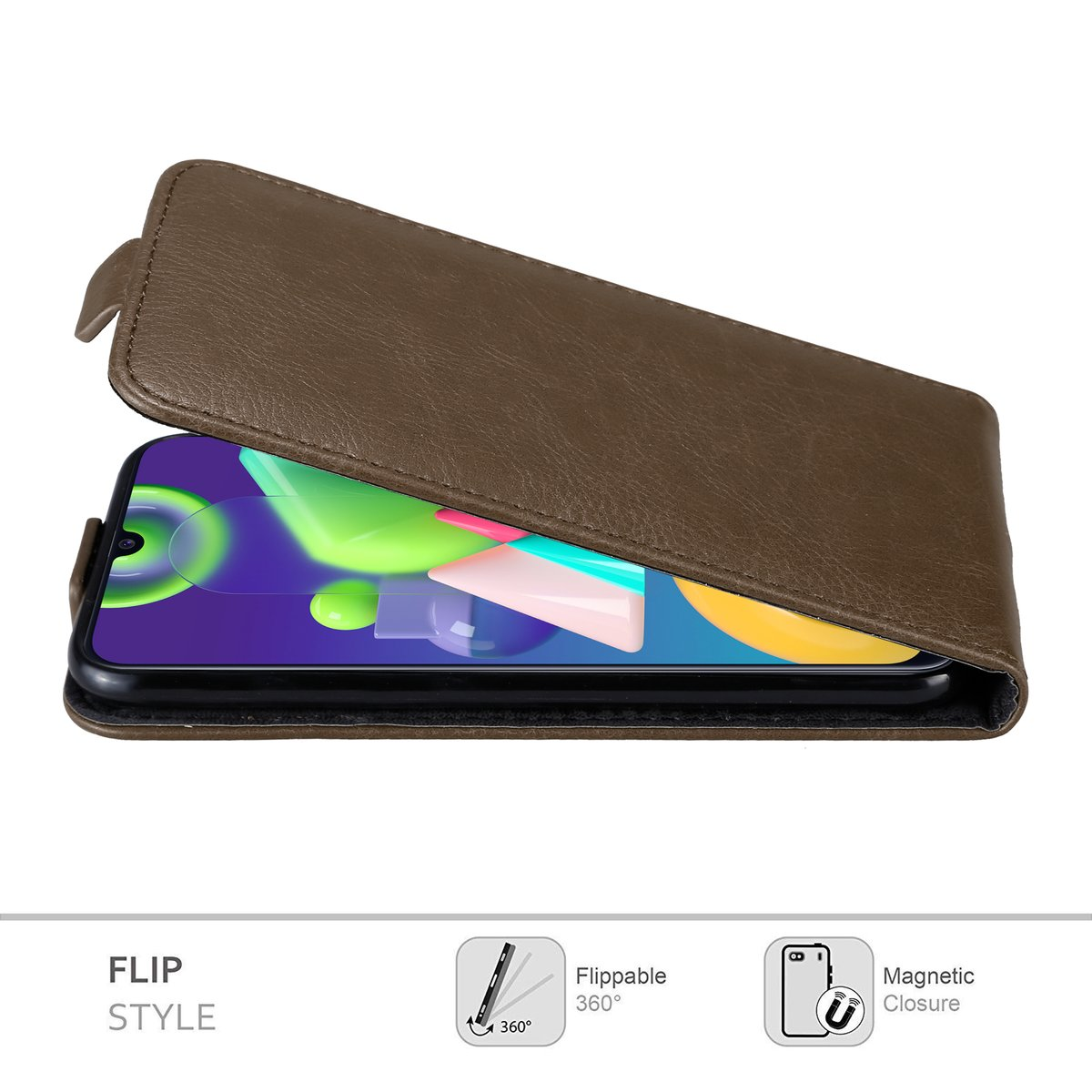 Eine braune Tablet-Hülle im Flip-Stil mit freier Sicht auf den Bildschirm, der verschiedene Symbole zeigt.