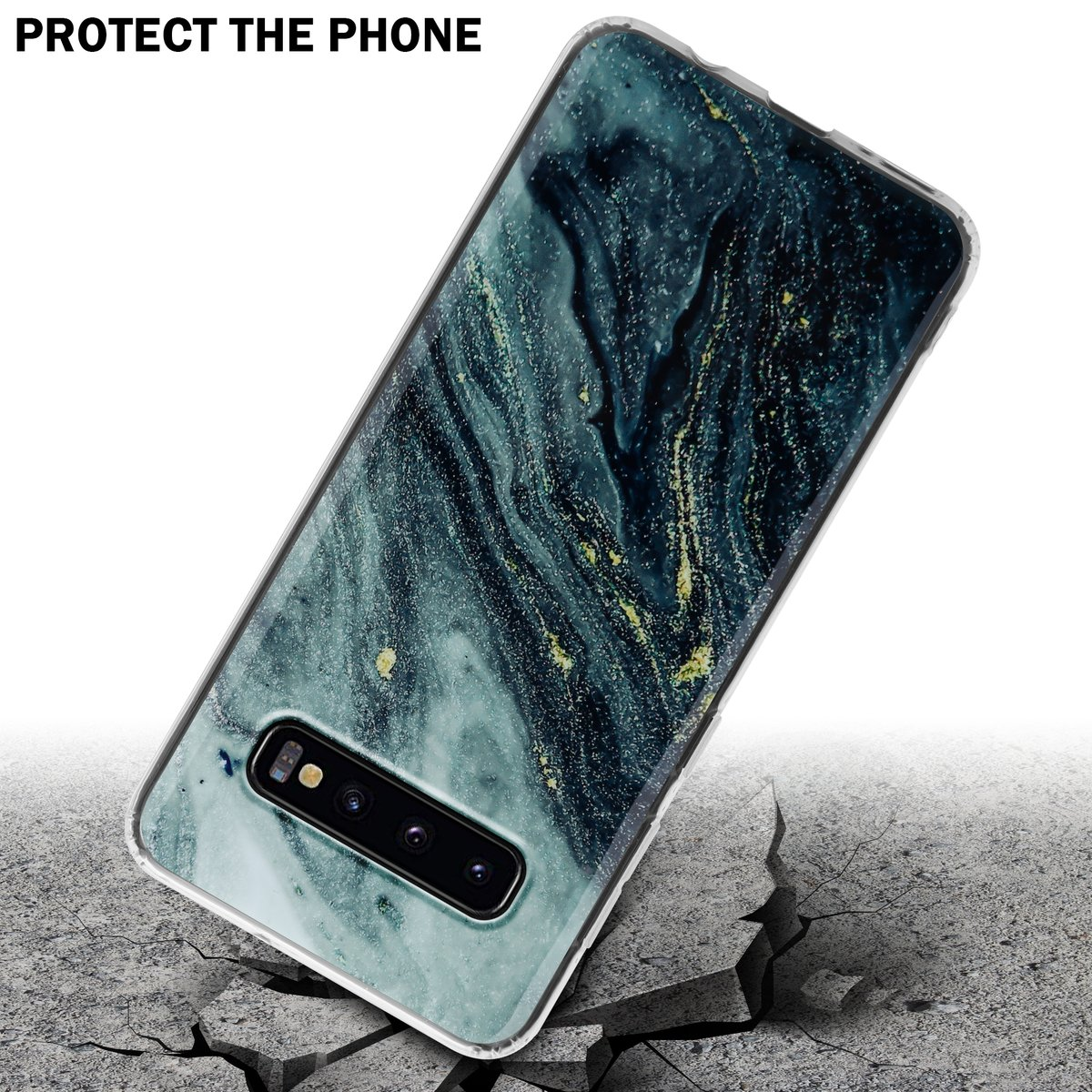 Telefono nella custodia su superficie incrinata. La custodia ha un design marmorizzato. Testo: Proteggi il telefono.