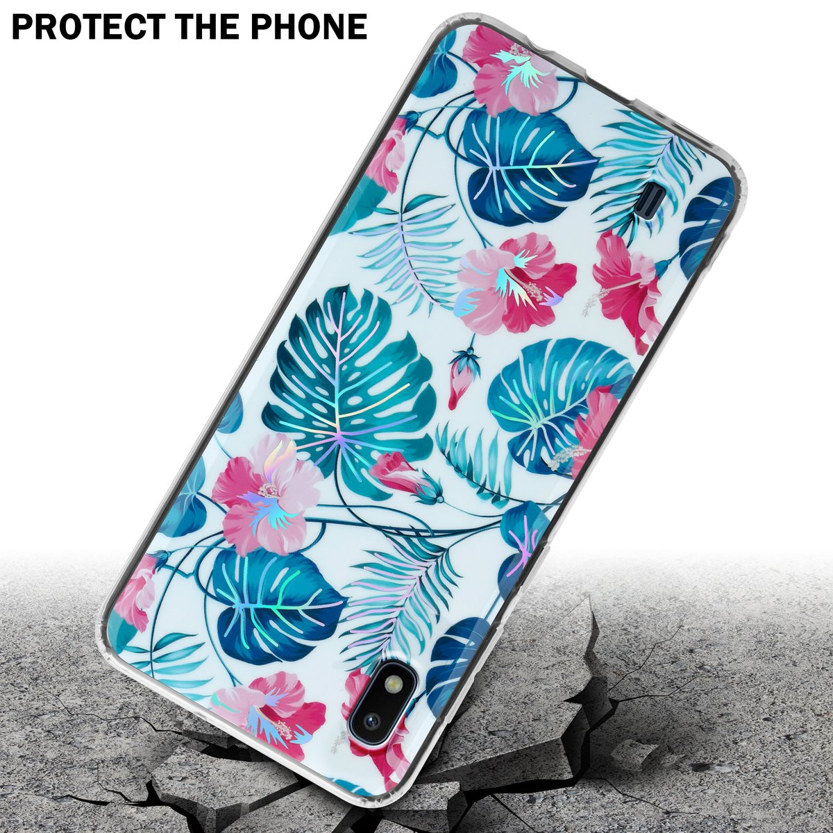 Custodia per telefono con design floreale, su terreno crepato.