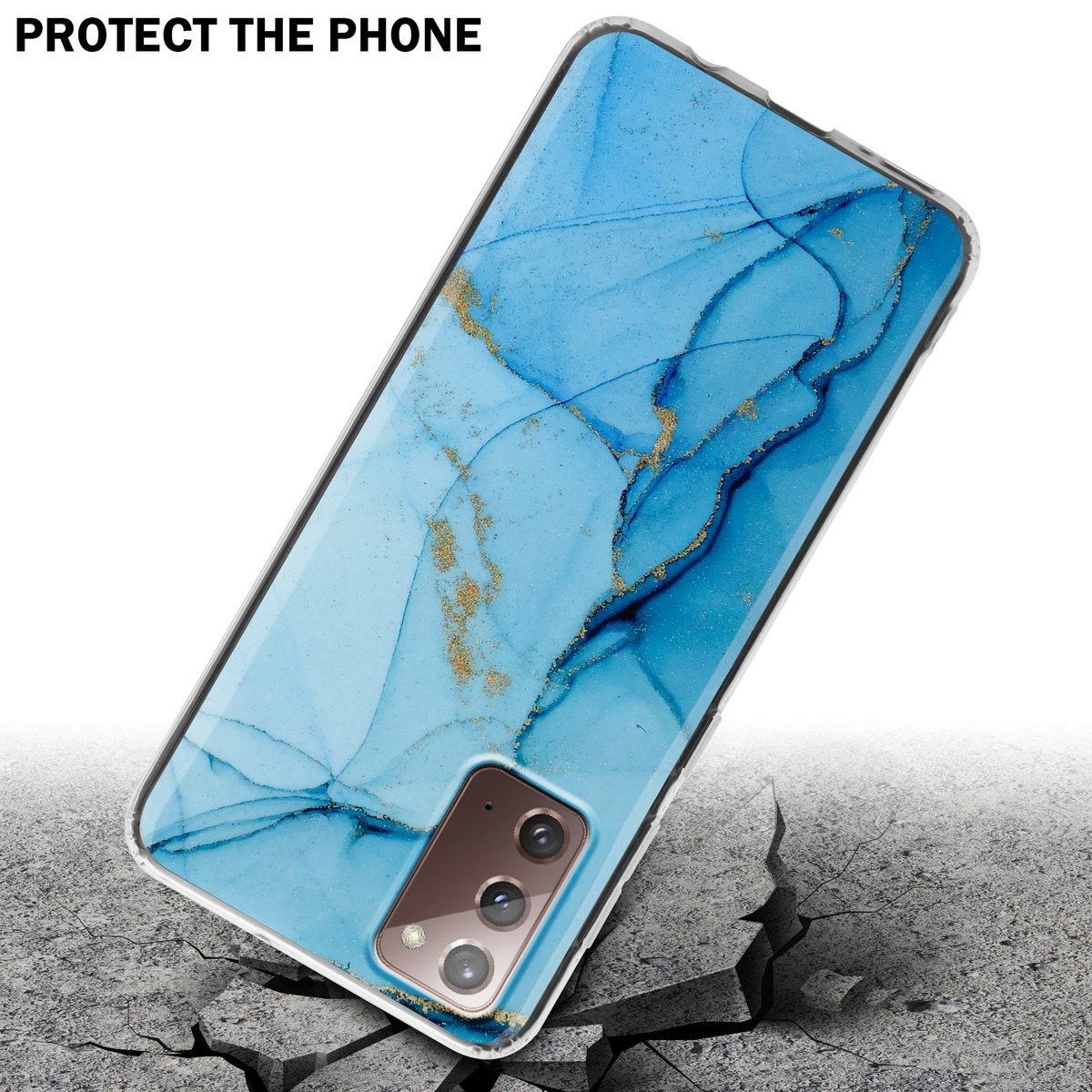 Custodia per telefono con design in marmo blu che cade, rompendo il cemento. Testo: PROTEGGI IL TELEFONO.