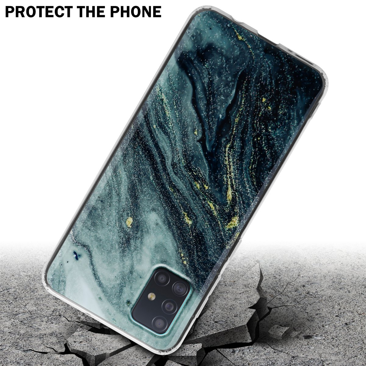 Custodia per telefono con un design marmorizzato. Il telefono è a terra e si sta rompendo. Sfondo bianco.
