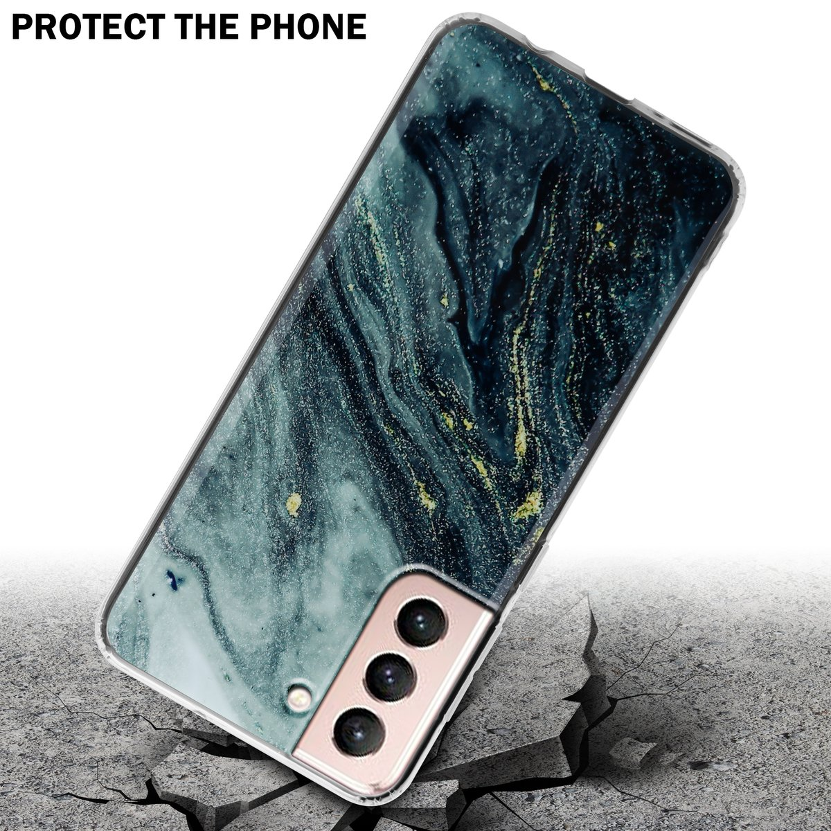 Custodia per telefono con design in marmo verde scuro. Il telefono è a terra, incrinato. Sfondo bianco.