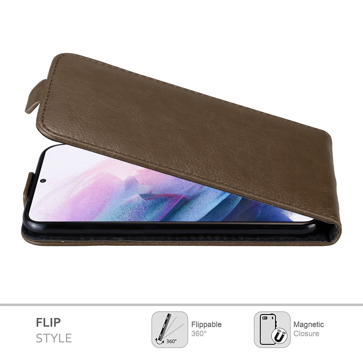 Custodia a libro marrone, aperta per rivelare un telefono. Testo: FLIP STYLE. Icone: 360 e chiusura magnetica.