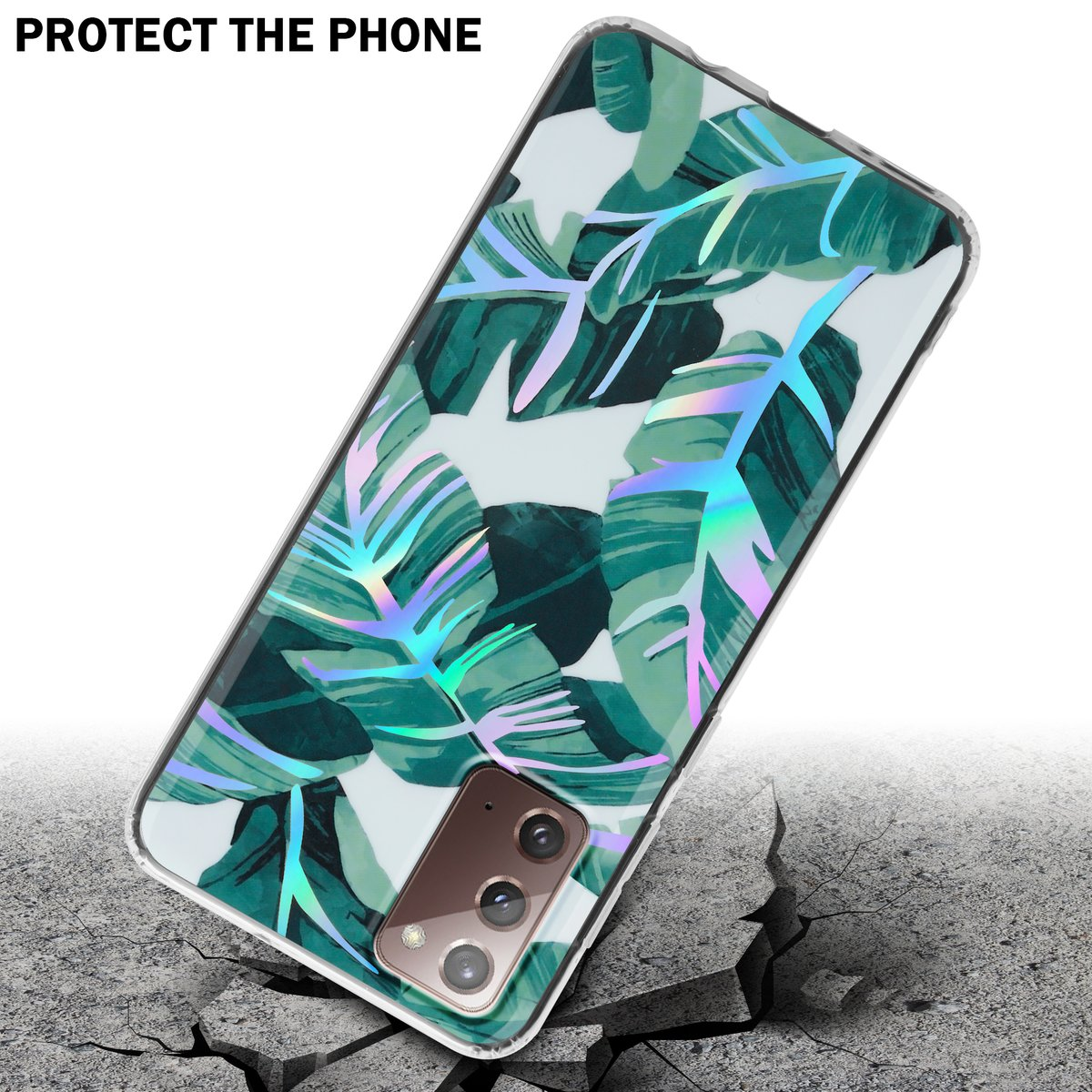 Custodia per telefono con foglie verdi tropicali su sfondo bianco, terreno crepato sotto.