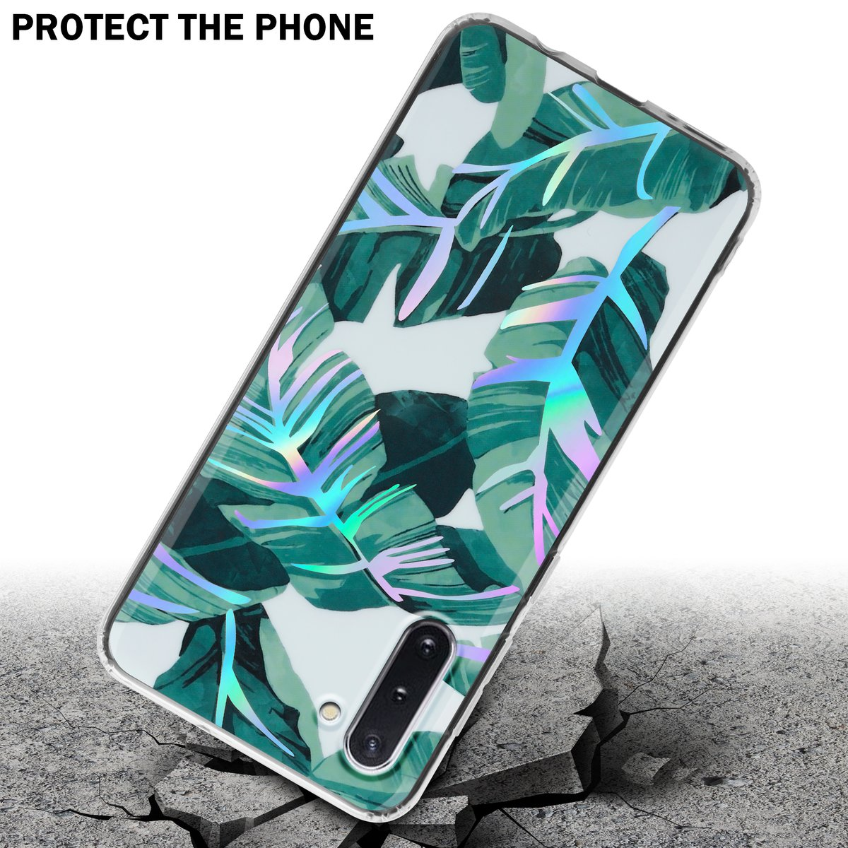 Un telefono con custodia protettiva. La custodia ha un motivo a foglie, il telefono è su una superficie crepata.