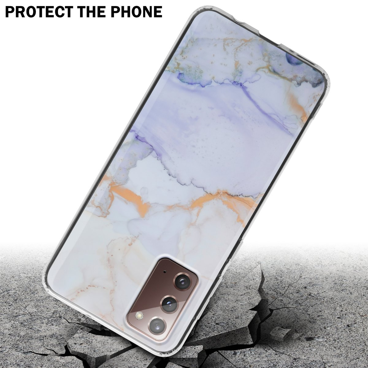 Un telefono in una custodia su cemento rotto. La custodia ha un motivo marmorizzato.