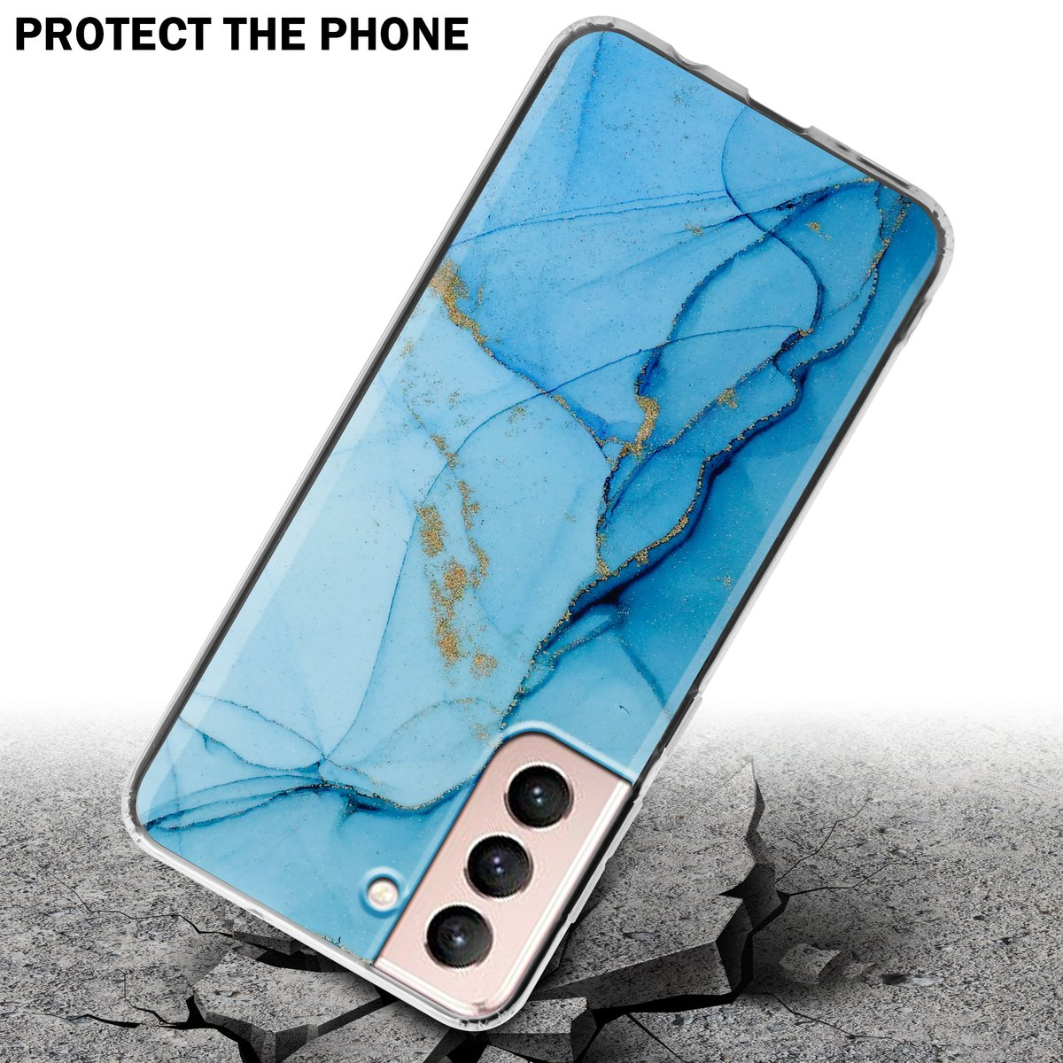 Custodia per telefono con design a marmo blu e oro. Il telefono poggia su una superficie incrinata. Testo: PROTECT THE PHONE.