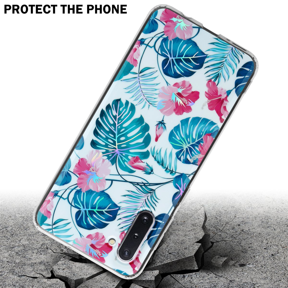 Una custodia per telefono floreale con fiori rosa e blu, con un terreno incrinato dietro.
