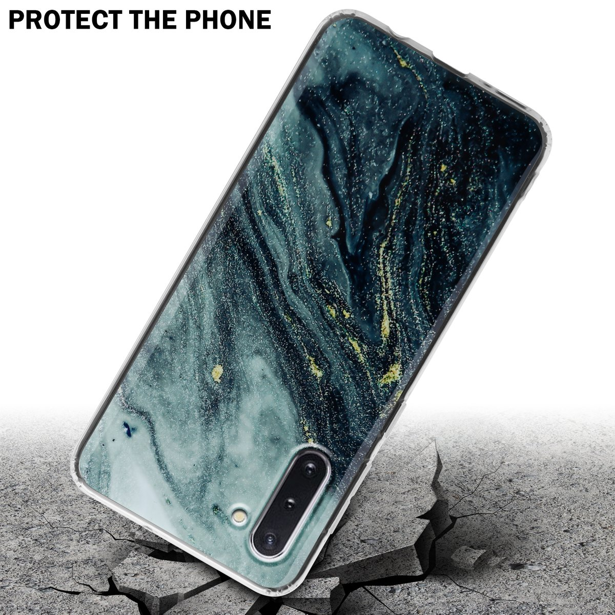 Un telefono con custodia protettiva. La custodia ha un motivo marmorizzato, il telefono è su una superficie crepata.