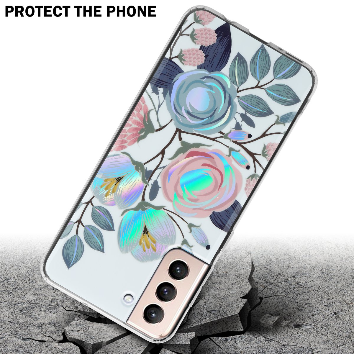 Custodia per telefono con un design floreale. Il telefono sta cadendo su una superficie incrinata.