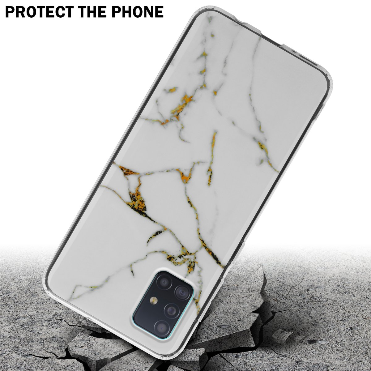 Custodia per telefono con design a marmo. Bianca con dettagli oro. Telefono su superficie incrinata.
