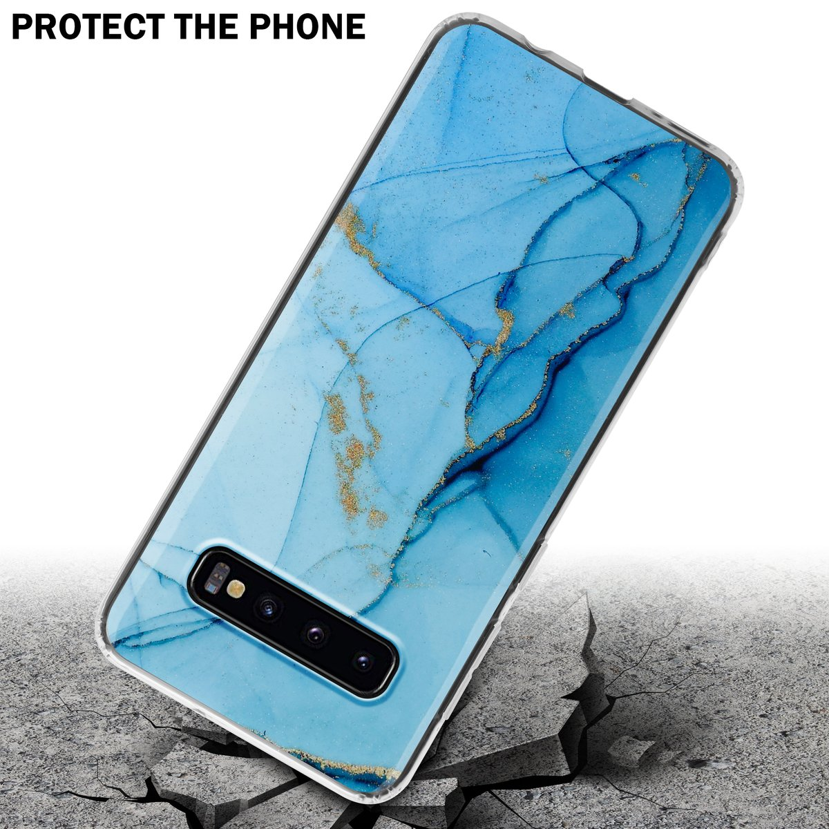 Custodia per telefono blu con design marmorizzato, terreno crepato e telefono con fotocamera.