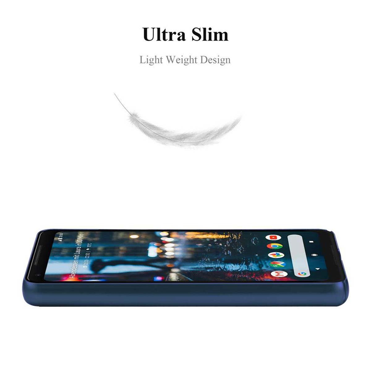 Schwarzes Smartphone mit blauem Gehäuse auf weißem Hintergrund, darüber die Worte 'Ultra Slim'.