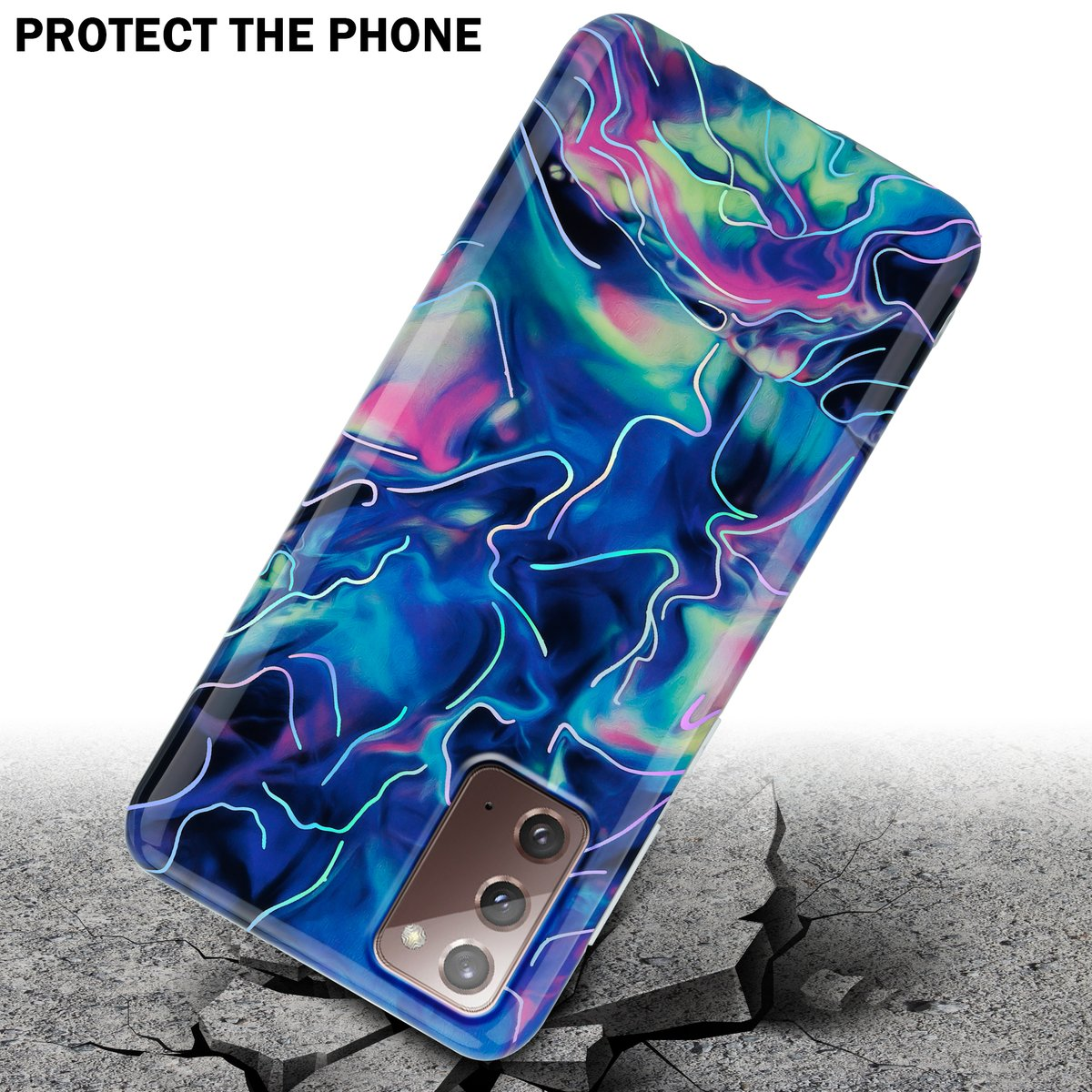 Custodia per telefono con un design colorato, appoggiata su una superficie di cemento crepata, proteggendo il telefono.