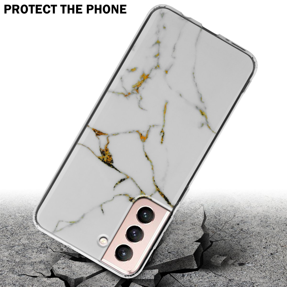 Telefono in custodia con motivo marmoreo, su superficie incrinata. Testo: 'PROTECT THE PHONE'.