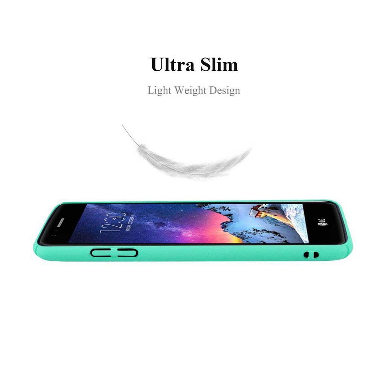 Ein Telefon mit türkisfarbener Hülle wird horizontal dargestellt, im Hintergrund eine Feder.