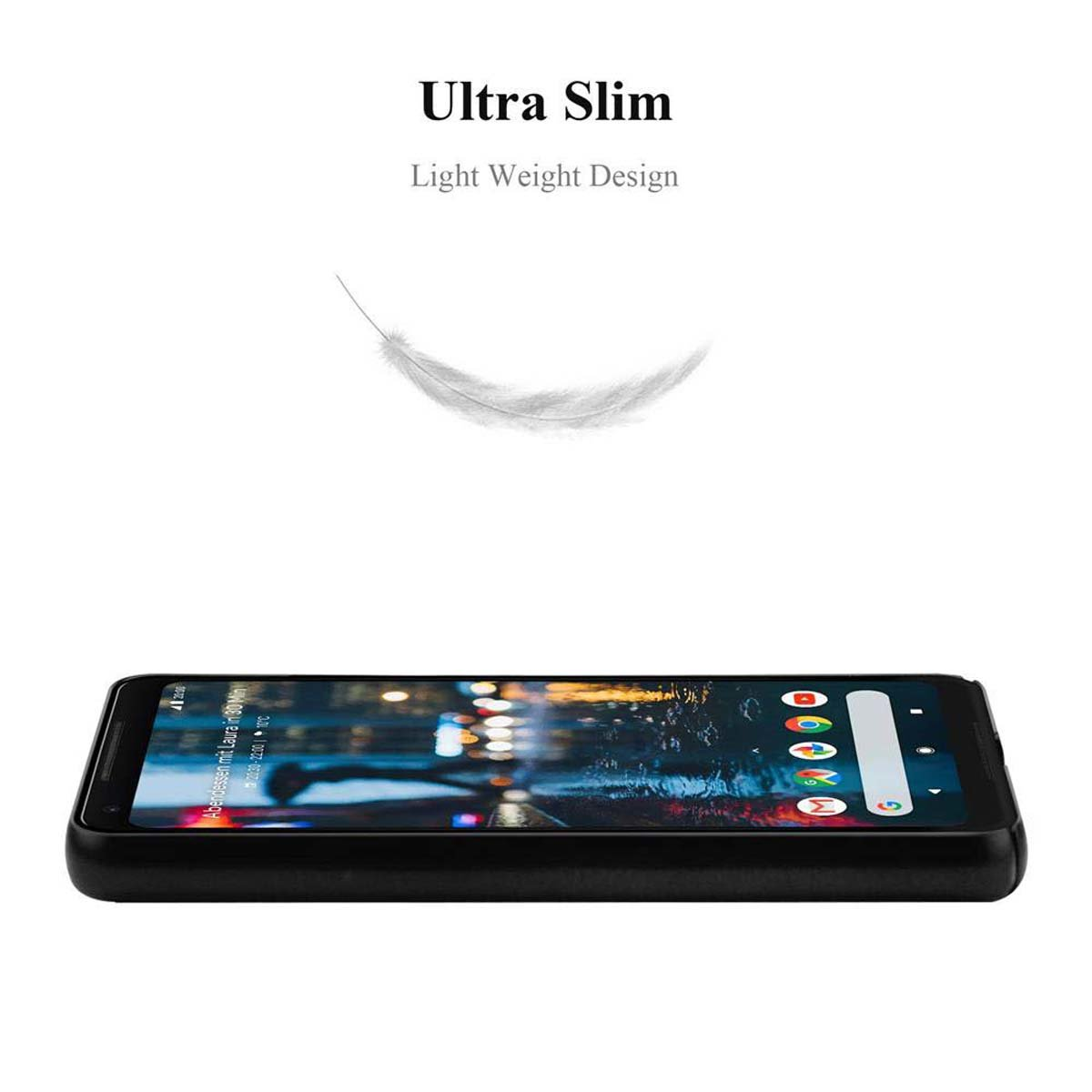 Schwarzes Telefon mit Text: Ultra Slim, Light Weight Design und eine Feder über dem Telefon.