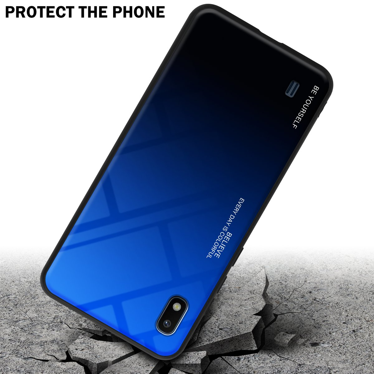 Custodia per telefono blu e nera, pavimento incrinato, testo proteggi il telefono.