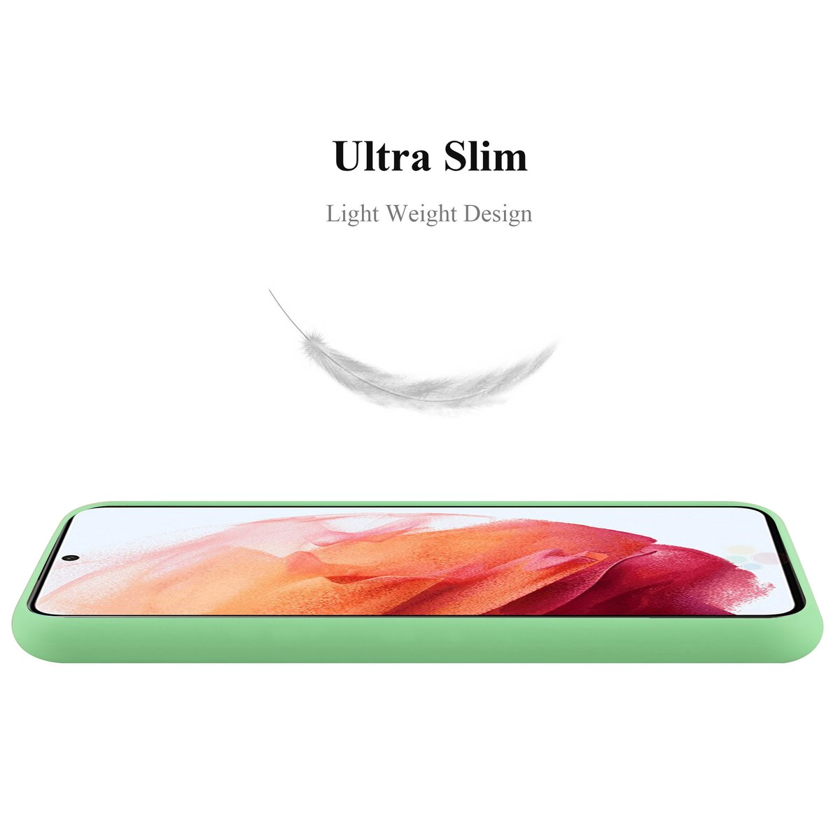 Custodia per telefono verde, design leggero. La custodia è verde e ha una superficie liscia.