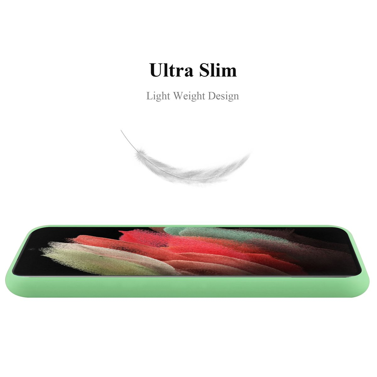 Una custodia per telefono verde menta con una grafica a forma di piuma e il testo 'Ultra Slim'.