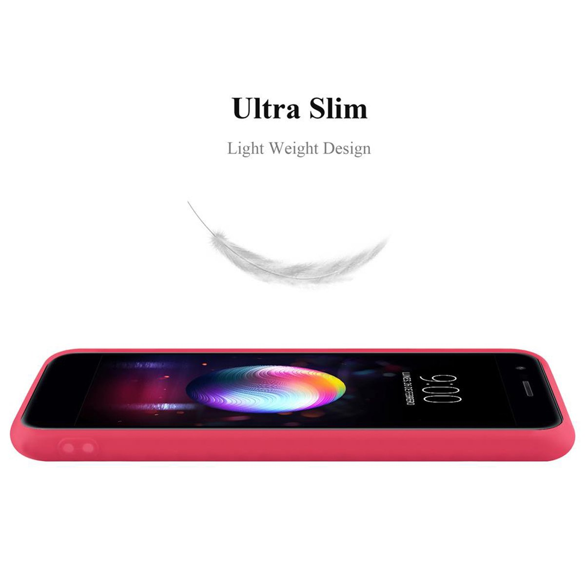 Custodia rosa per telefono con un telefono all'interno. Una piuma è sopra il telefono.