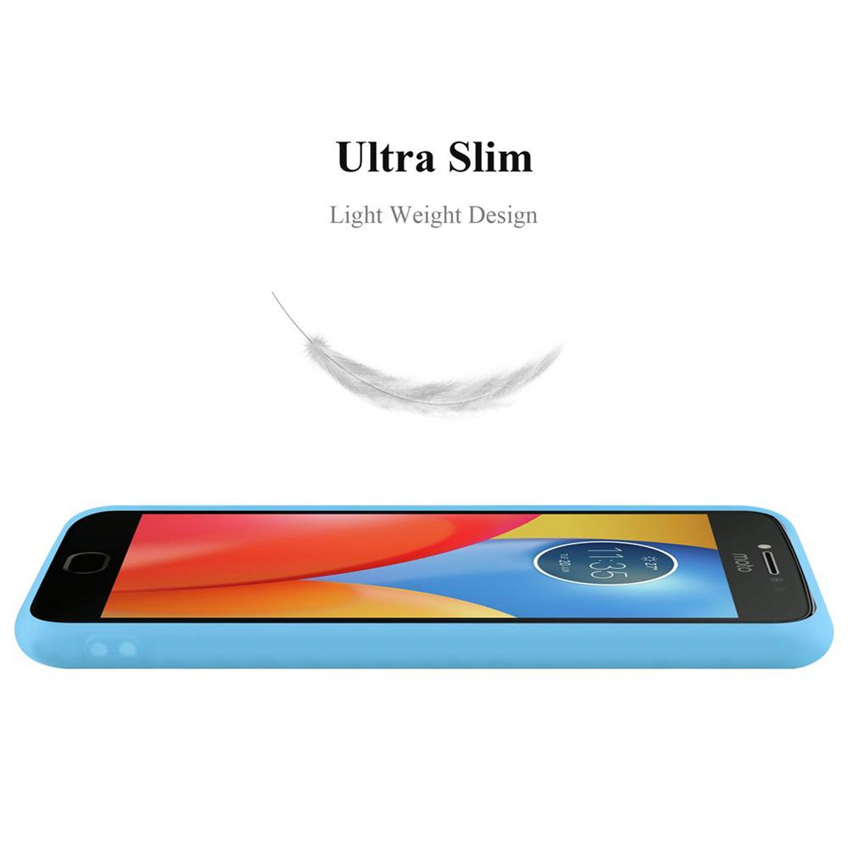 Telefono azzurro con elemento di design a piuma. Testo ultra sottile sopra il telefono.
