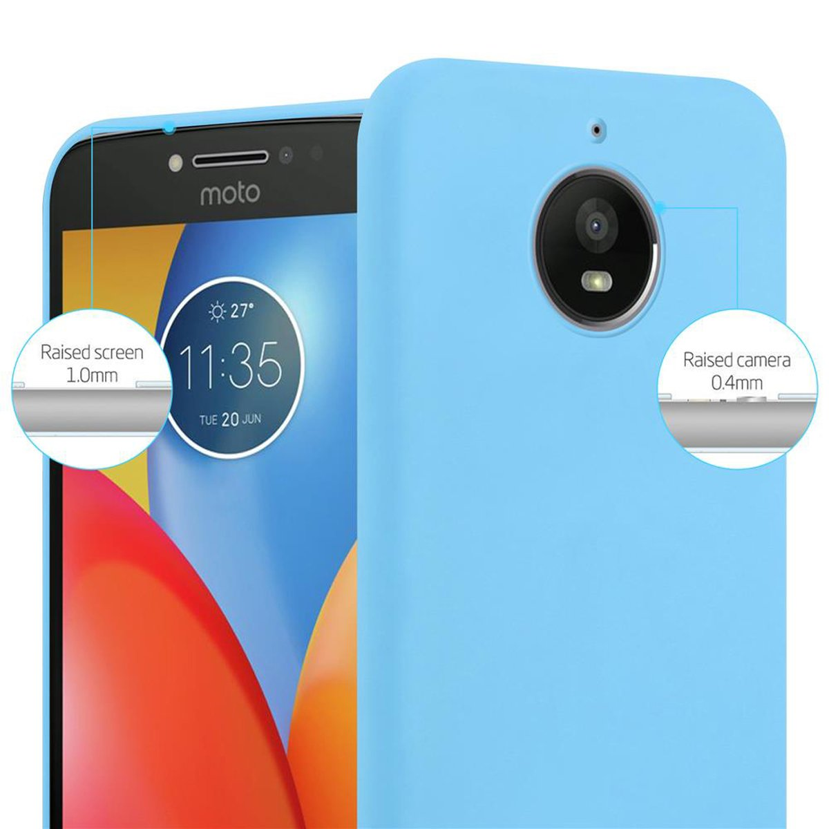 Custodia per telefono azzurra con aree schermo e fotocamera rialzate.