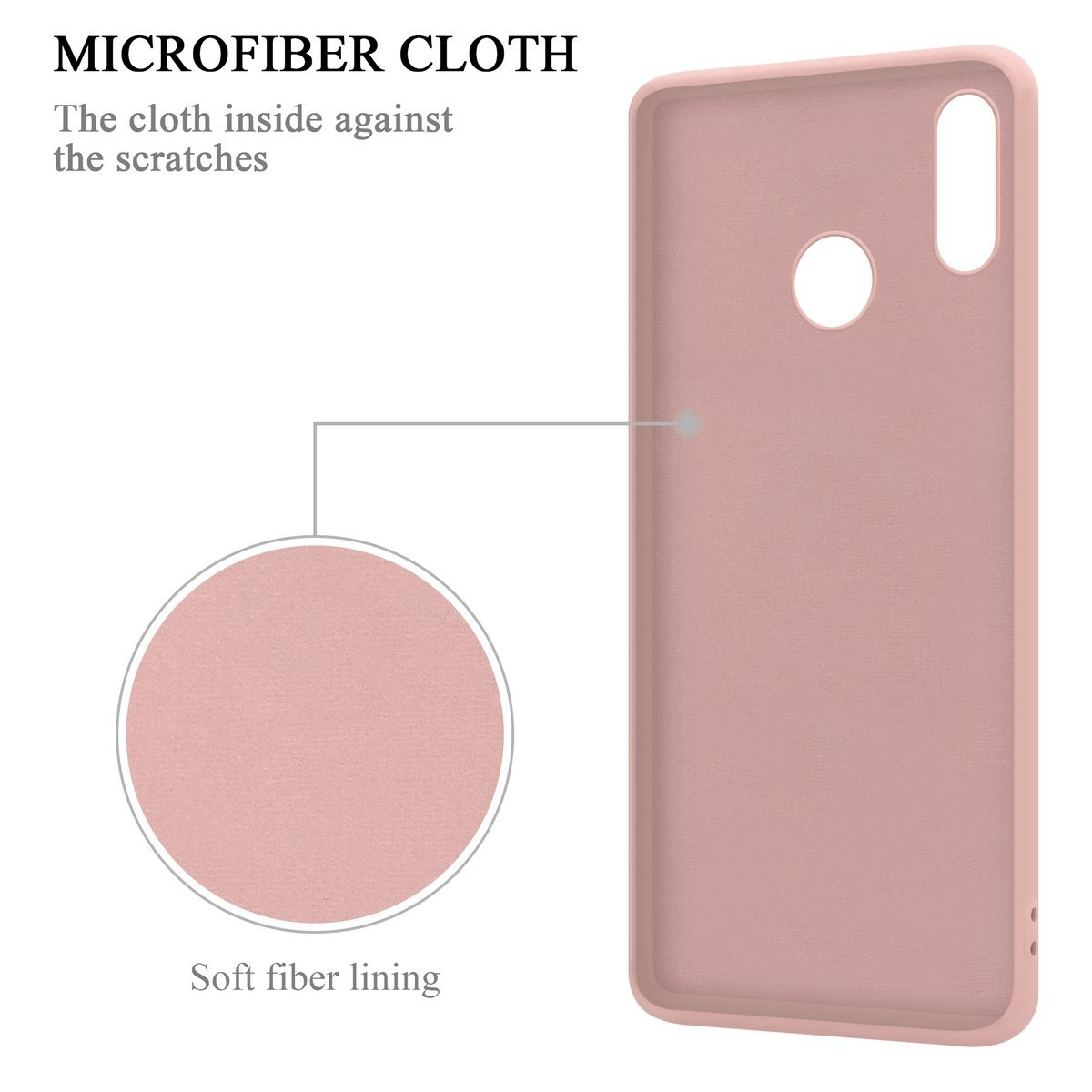 Custodia per telefono rosa con panno in microfibra. Interno liscio, rosa chiaro e foro per la fotocamera.