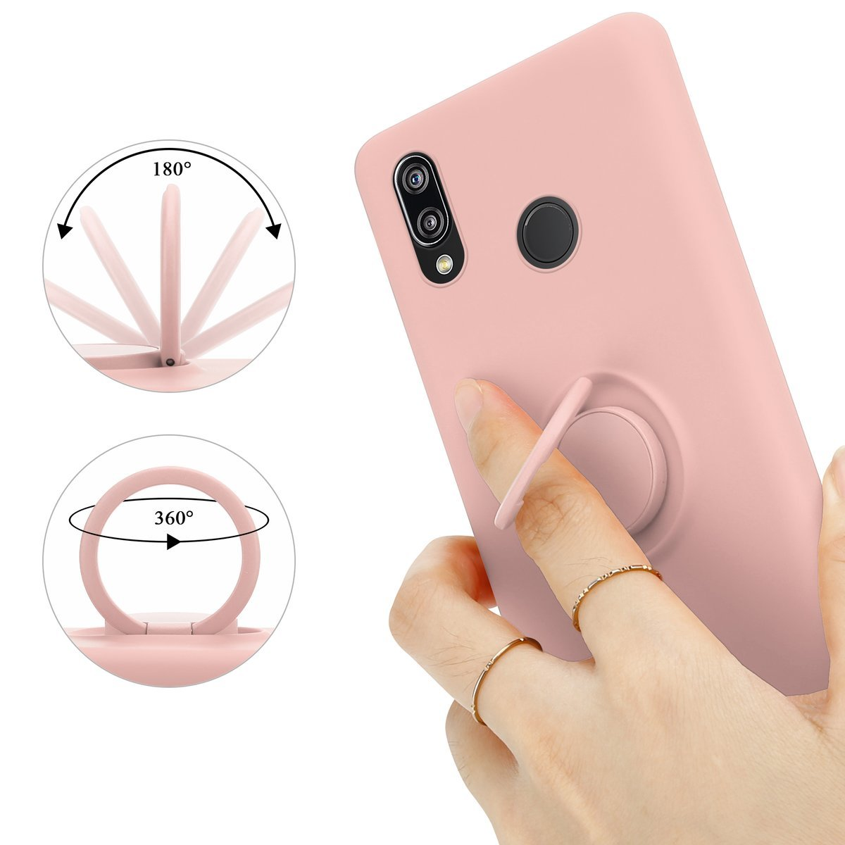 Custodia rosa con supporto ad anello, varie angolazioni. L'anello ruota.